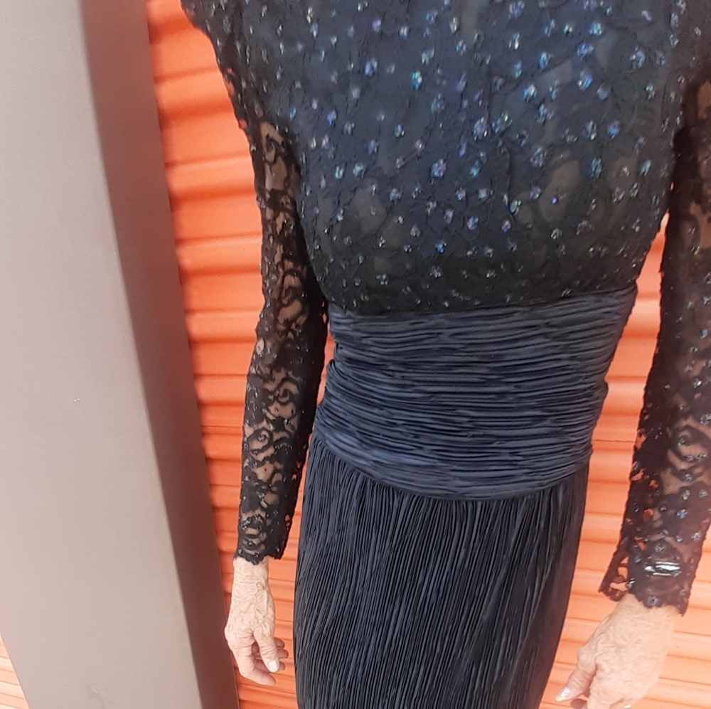 Daring Vtg 80s I magnin Midi lace sequin Bodice dress Plunge V Micro pleat skirt